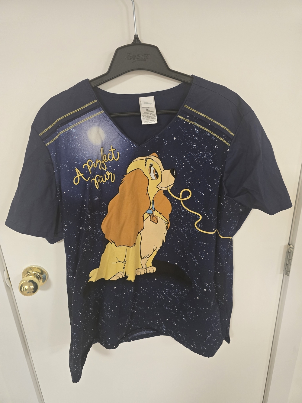 Disney Navy Kids Lady Graphic V-Neck Scrub Top Tee with Gold Accents